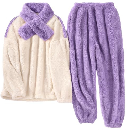 Tuopuda Haut Femme avec Bas de Pyjama 2 pièces, Pull Hiver Polaire Chaud Sweatshirt avec Poche Peignoir, Idee Cadeau Femme Maman Mamie, Violet, M