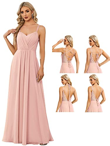 Ever-Pretty Vestito da Damigella Scollo a V Senza Maniche Lungo Elegante Abito da Damigella Rosa 40