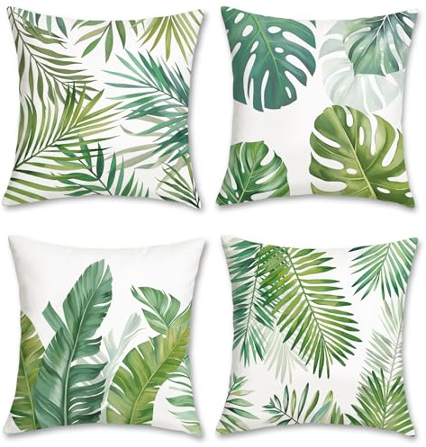 Bonhause Fundas Cojines Hojas Tropicales 45 x 45 cm Funda de Almohada Hojas de Palma Verde Terciopelo Suave Cojines Decorativos para Sofá Hogar Jardín Verano Juego de 4