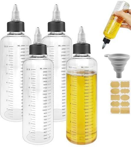 Realure 4 Stück Quetschflasche 250ml, Transparente Squeeze Flasche mit Skala, Kunststoff Dosierflasche mit Drehverschluss Trichter, Mehrzweck Soßenflaschen, für Flüssige Gewürze Sauce Öl Soja Essig
