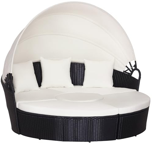 Outsunny Set 4 Pzi Divano Circolare da Giardino, Mobili Componibili Rattan Nero, Tettuccio e Cuscini Beige 180x175x147cm