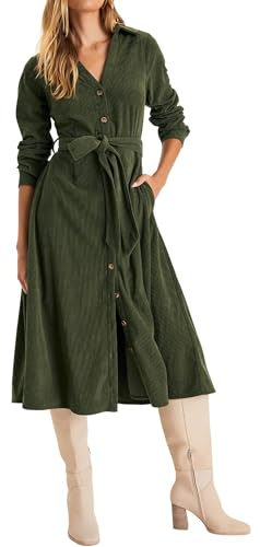 R.Vivimos Womens Fall Winter Corduroy Midi Dress Long Sleeve V Neck Button Down Belted Flowy Shirt Dress with Pockets (Medium, Army Green)