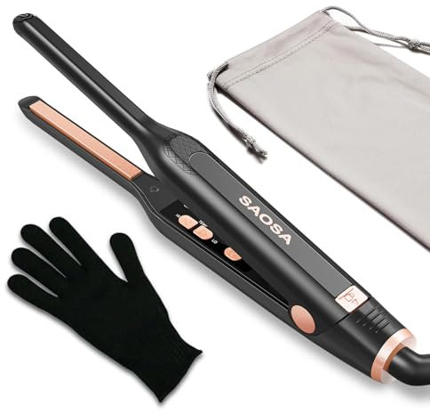 Mini Glätteisen, SAOSA Haarglätter und Lockenstab 2 in 1 Klein Glätteisen für kurzes Haar zum Locken und Glätten, Keramik-Heizplatte, duale Spannungsversorgung, 90-220°C, mit Handschuh (Roségold)