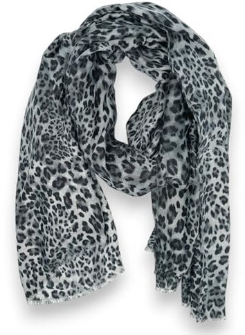 Ziona Leo Print Damen Tuch 178cm x 87cm Leopardenmuster Halstuch Frühling Schal (Schwarz-Grau-Weiß)