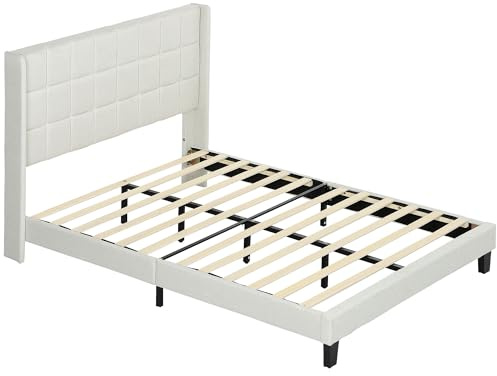 HOMCOM Cama 135x190 cm Estructura de Cama Somier con Cabecera Tapizada de Lino Sintético y Espacio de Almacenamiento Debajo de la Cama Carga 300 kg Beige