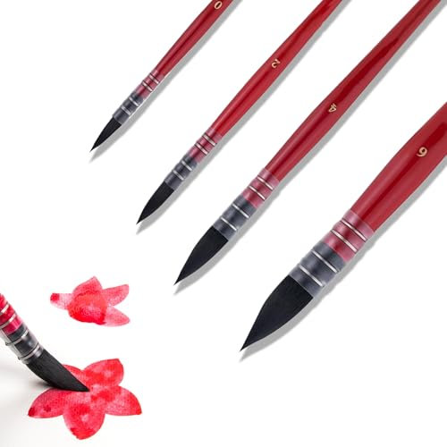 Aquarellpinsel-Set 4 Stück | Professionelle Künstlerpinsel aus Natürlichem Eichhörnchenhaar | Rundpinsel mit Feiner Spitze für Aquarell, Tusche & Gouache | Größen #0, 2, 4, 6
