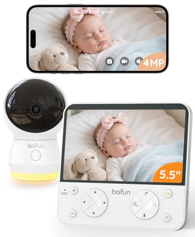 BOIFUN 5.5 Cámara Vigilancia Bebé con WiFi y App 2.5K/4MP, Visión Nocturna Invisible, IA Alerta de Cara Tapada y Sueño Seguro, Audio Bidireccional y Luz Nocturna Infantil, 360° Seguimiento Automático