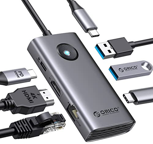 ORICO Docking Station, 6 in 1 Hub USB C con HDMI 4K@60Hz + PD100W + 3 USB 3.0 + 2.5G Ethernet, 5Gbps USB C Hub Multiport Adattatore per MacBook/Dell/HP/Surface/Lenovo
