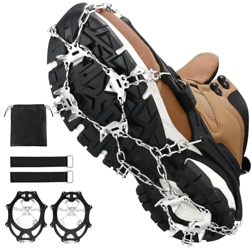 SANTUO Grödel für Wanderschuhe, 24 Zähne Steigeisen mit Klettverschluss, Flexible TPU & Edelstahl-Spikes, -45°C Anti-Frost, Verstärkt Anti-Rutsch für Bergsteigen, Trekking, Eisfischen （L, EU 40-45）