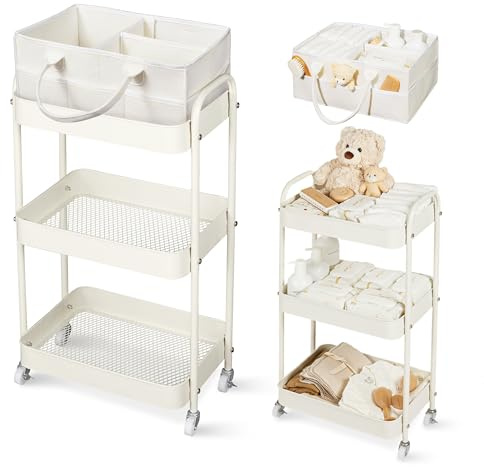 Fortella Carrito Auxiliar con Ruedas 3 Niveles, Cesta Bebe Recien Nacido Niño Fieltro Portátil,Almacenamiento Hogar,Organizador Pañales para Bebé Regalos Bebe,Multifuncional Carrito Cocina Baño(Beige)