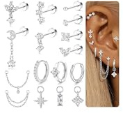 MILACOLATO Helix Piercing Jewellery Surgical Steel Earrings Hypoallergenic Flat Back Earring Stud Hoop Earrings Set Conch Piercings Silver Gold Cartilage Daith Tragus Piercing Jewellery Single PC-s