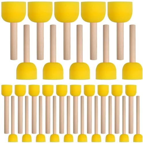 30 Pcs Foam Brush, 4 Sizes Round Sponge Paint Brushes, Washable Paint Sponges with Wooden Handle for Arts and Crafts DIY Painting Kids (Yellow)