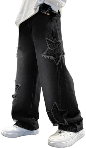 Rolanko Boys Baggy Jeans Elasticated Waist Cargo Wide Leg Skater Jeans with Multipockets Vintage Streetwear Denim Pants for Kids, Black Star Patch, 170, 13-15 Years