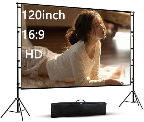 Projector Screen with Stand, 120inch Indoor Outdoor Movie Projection Screen 4K HD 16: 9 for Home Cinema, Garden Party