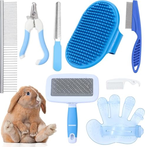 8 STK Små Djurs Grooming Kit Kaninborste Set med Hälsningsborste Massagehandske Nagelklipper Loppkam - Sidvänd för Kaniner Marsvin Hamster Kanin