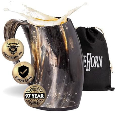 AleHorn Original Handcrafted Authentic Viking Drinking Horn Tankard for Beer Mead Ale - Genuine Medieval Inspired Stein Mug Food Safe Vessel with Handle (24oz)
