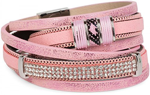 styleBREAKER Vintage Wickelarmband mit Strass, Gliederkette und Magnetverschluss, 3-Reihig, Armband, Damen 05040024, Farbe:Antik-Rosa