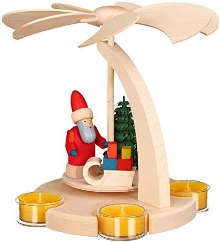 Seiffener Volkskunst Pirámide de Navidad Arco piramidal Papá Noel con Trineo, un Piso, 18 cm. de Alto, Natural, Original de los Montes Metálicos (Erzgebirge) Arte Popular de la Ciudad de Seiffen