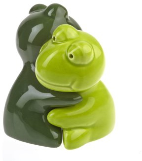 by-Bers grön groda i kram, även som ko, mus, djur, saltströare, salt och pepparströare, set som present, gjord av keramik