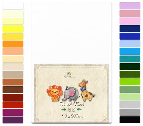 Soft Dream Spannbettlaken 90x200 cm Weiß - 100% gekämmte Baumwolle Jersey - Premium Qualität - Spannbetttuch für Kinderbett Juniorbett - OekoTex Zertifiziert - Made in EU - 90x200cm Weiß