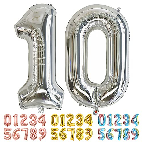 Ponmoo Foil Balloon Number 10 Silver, Giant Numbers 0 1 2 3 4 5 6 7 8 9 10-19 20-29 30-39 40-49 50-60-70-80-90-100, Large Balloons for Wedding Anniversary Birthday Party Decoration
