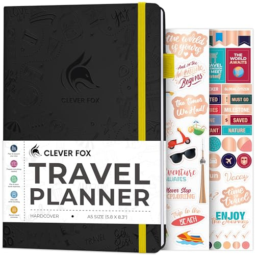 Clever Fox resedagbok – semesterplanerare med budgetplan, packlista, dygnet spårare och resedagbok – reseplanerare för kvinnor, män och par – A5 storlek, svart