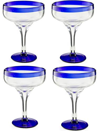 Mexican Hand Blown Glass – Set of 4 Large 16oz, Cobalt Blue Rim Line, Luxury Margarita & Cocktail Glasses, Mexico Design Large 16oz Cobalt Cinco de Mayo - The Wine Savant, Dishwasher Safe Glassware