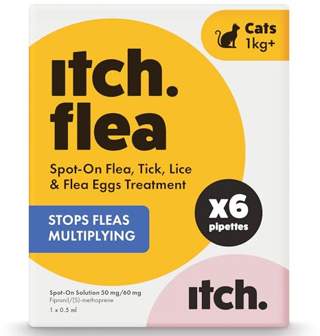 Itch Cat Flea & Tick Spot-On Treatment (1kg+) - Kills Fleas, Ticks, Lice & Eggs to Prevent Reinfestation - 6 Easy-Apply Pipettes