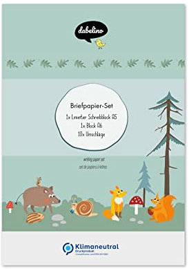 dabelino® Kinder-Briefpapier-Set: Waldtiere (Fuchs, Eichhörnchen) - A5, liniert mit Umschlägen + Malblock (für Jungen, Mädchen, grün)