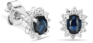 Miore orecchini a grappolo con diamanti e zaffiri in oro bianco 9 carati 375 24 diamanti naturali 0,09 carati e 2 zaffiri blu ovali 0,33 carati Orecchini a perno 7 x 6 mm