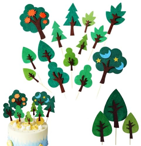 14 Pcs Jungle Cake Toppers - Woodland & Tropical Theme Tree Shaped Cupcake Toppers for Baby Shower & Kids Party Decoration