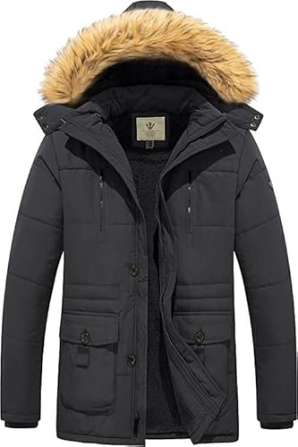 WenVen Giacca Invernale Militare Calda Cappotto con Cappuccio Staccabile in Pellicia Parka Media Lunga Antivento Giubbotto da Esterno Imbottito Uomo Carbone Grigio S