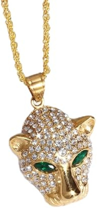 Cristal De Hielo Zirconia Ojos Verdes Leopardo Cabeza Colgante Bestia Animal Collar Hombres Hip Hop Rock Joyería Regalo,Color Dorado