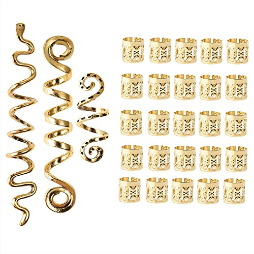 PAITOK 28 PCS Hair Cuffs Spiral Dreadlocks Hair Braiding Beads Set,Gold Adjustable Hair Braid Rings and Spiral Clip Hair Jewellery for Braids Decorations