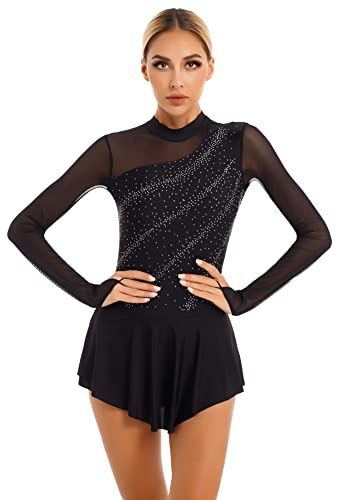 CHICTRY Patchwork Vestito Danza Classica Donna Paillettes Body da Pattinaggio Artistico Leotards Body da Balletto Manica Lunga Abito da Jazz Latino Danza Moderna Nero M