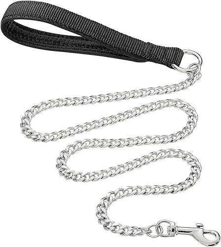 Heavy Duty Metal Dog Leash, 5 FT Chew Proof Pet Leash Chain with Soft Padded Handle for Large & Medium Size Dogs (5 FTx3 mm (20-100 lbs))