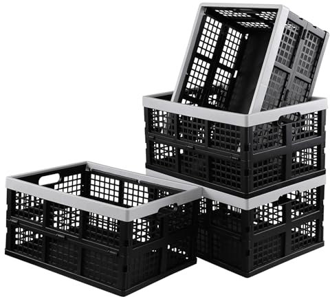 Xyskin 30 Liter Collapsible Crate Folding Storage Bin, Large Stackable Utility Basket/Tote, Black (Pack of 4)
