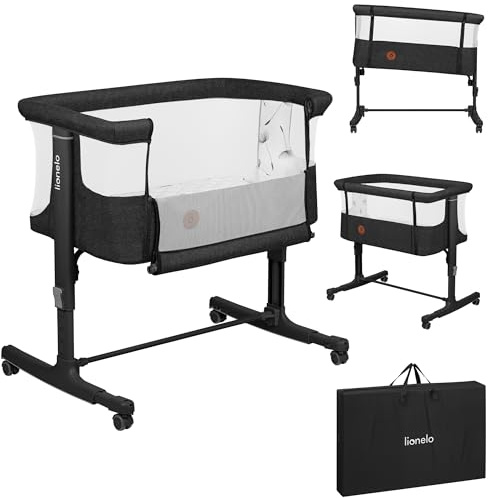Lionelo Aurora 3 in 1 Babybett bis 9 kg, Beistellbett, Wiege, Höhenverstellug und Einstellung der Neigung der Matratze, 4 Räder mit Bremse Ergonomische Matratze Tasche