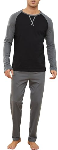 Reliwel Pyjamas för män, lång bomullspyjamas, tvådelat set, raglan, långärmad tröja och pyjamasbyxor med ficka, nattkläder, hemmadräkt, sovkläder