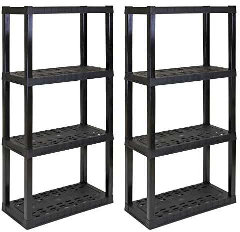 4 Tier Shelf Garage Plastic Shelving Unit Storage Shelves 400 lbs (180 kg) Interlocking Racking Shelves Multipurpose Organizer for Kitchen Workshop Office 35.56 x 76.20 x 144.78 cm Pack of 2- Black