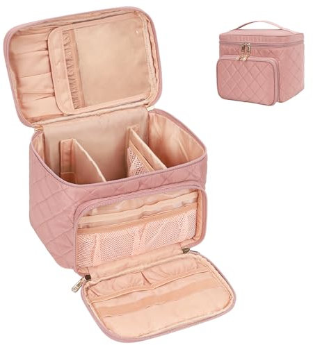 Große Make-up Tasche, Tragbare Reise Make-up Tasche für Frauen Mädchen mit Make-up Pinsel Fach, Stilvolle Make-up Tasche Veranstalter Kosmetik Fall mit Griff und Teiler für Schwarz (Raute rosa)