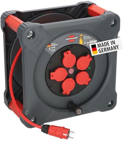 Brennenstuhl Professional Baustellen-Kabeltrommel KA 3210 5 IP44 (33m H07BQ-F 3G2,5 Kabel in rot, 5 Schutzkontakt-Steckdosen, Baustelleneinsatz und ständiger Einsatz im Freien, Made in Germany)