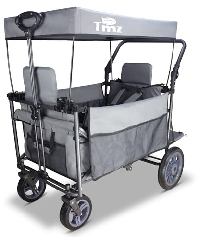 TMZ Bollerwagen Faltbar mit Dach Handwagen Transportwagen mit Ziehen & Schieben, Fußbremse Tragfähigkeit 120 kg für Alle Gelände Camping Strand Einkaufen (grau)