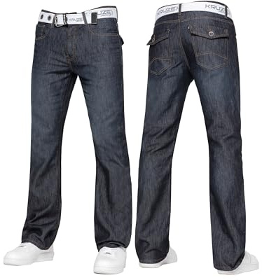 BRAND KRUZE Mens Bootcut Jeans Casual Flared Wide Leg Free Belt Stylish Fashion Denim Trouser Pants KZ115 Dark Blue 40W / 32L