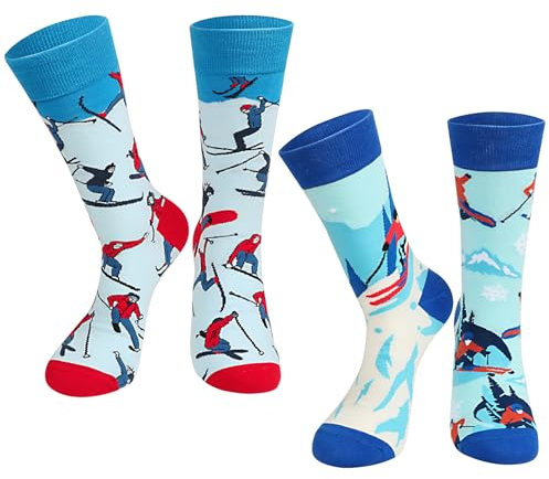 BOFUNX 2 Paare Lustige Ski Socken für Männer und Frauen Snowboard Socke Geschenk Christmas Socks Skifahren Geschenk Weihnachtsgeschenke für Freund und Kollegen 37-44/39-45