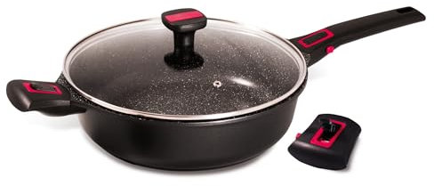 BAUMALU - Sauteuse avec Couvercle Granit Pro Céramique - Fonte d'Aluminium - Tous Feux dont Induction - Intérieur Céramique Fusion Pro Effet Pierre Sans PFOA ni PFAS - Manche Amovible - Ø24cm - Noir