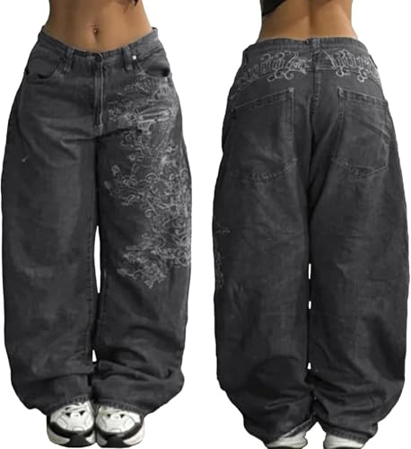 Vagbalena Jeans Larghi Hip Hop Primaverili da Donna Stampati Pantaloni da Skater Harajuku per Adolescenti Streetwear Larghi Boyfriend a Vita Media e Bassa Jeans Vintage Anni '90 (Nero 2,S)