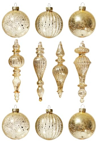 DN DECONATION Christbaumkugeln Set 10-teilig, Glaskugeln mit Vintage Mercury-Optik in Champagner Gold, Weihnachtsbaumschmuck für Tannenbaum-Deko, Hochzeit & Fest (Tropfen & Kugeln)