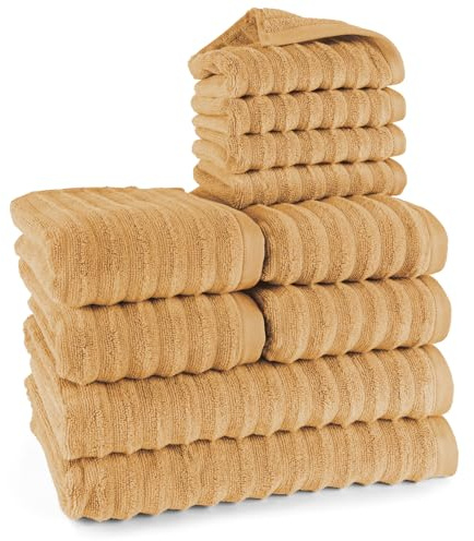 Pure Label 10-TLG. Handtücher Set mit Aufhängeschlaufen aus 100% Baumwolle, saugstark und weich - 2X Badetuch (70x140cm) 4X Handtuch (50x100cm) 4X Gästetuch (30x50cm), Safran
