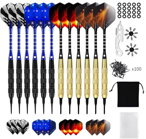 Purpledi Flechette Pointe Plastique, 12 Fléchettes 18g avec 24 Ailettes et 100 Pointes pour Cible Electronique - Jeu de Fléchettes Professionnel, Durable et Précis